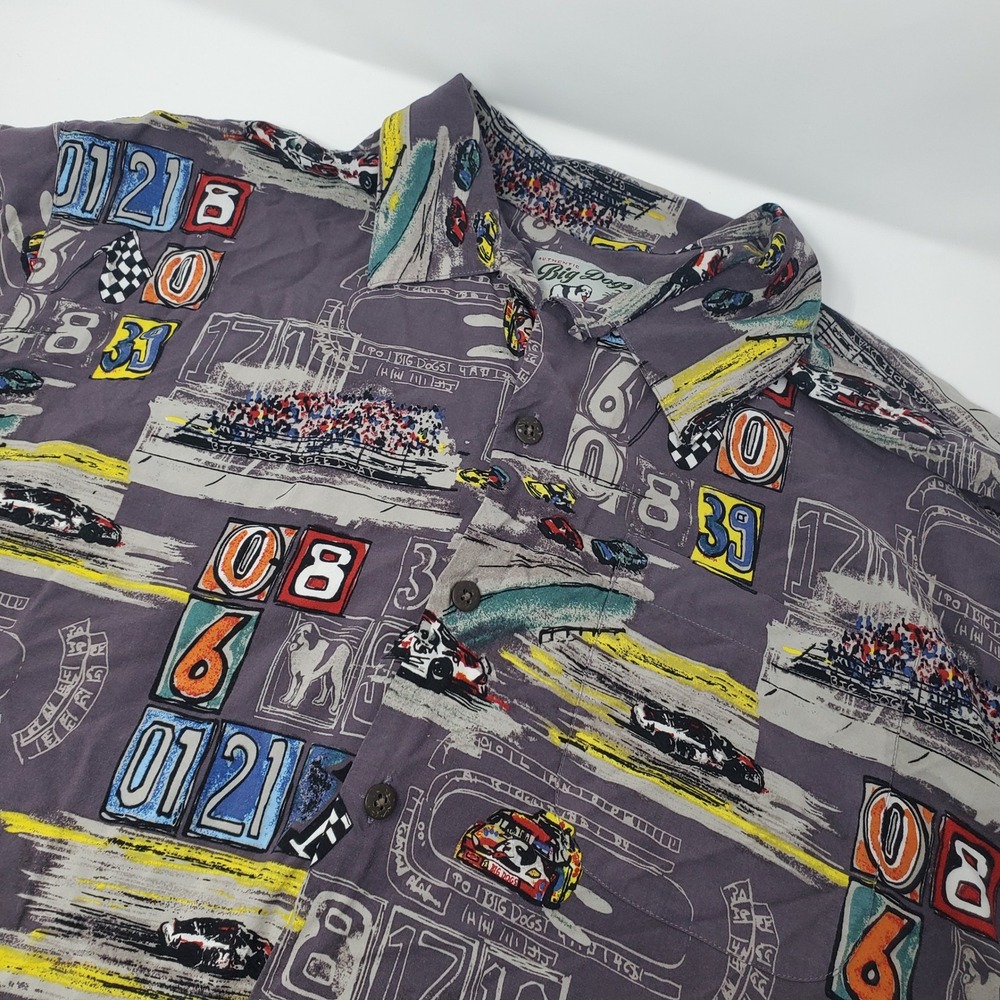Big Dogs Shirt Mens Large Racing Graphic Gray All Over Print Button Down Rayon
